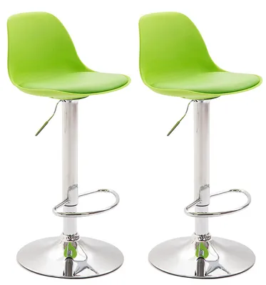 Two green bar stools on a white background.