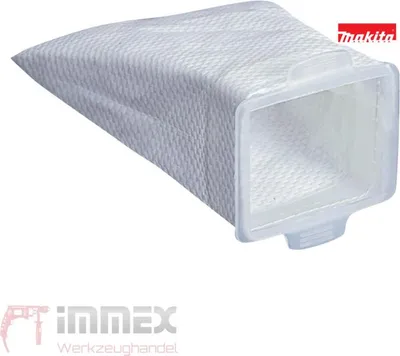 A white vacuum cleaner dust bag with a clear plastic opening, shown against a white background. The Makita logo is visible in the top right corner, and an IMMEX logo is in the bottom left.