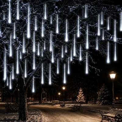 Productafbeelding van Meteorietregen, lichtketting met 8 buisjes, sneeuwvlokkenlicht, kerstverlichting, decoratie voor kerst, Halloween, bruiloft, wit, 30 cm, 192 LED's