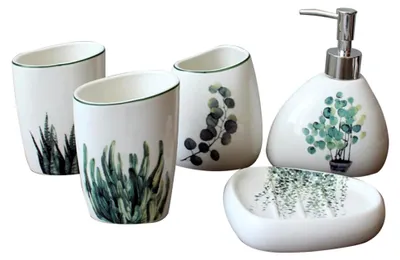Produktbild von Grünes Keramik 5-teiliges Badezimmerzubehör Set Zahnputzbecher Lotionflasche Seifenablage Kompakter Sanitär Organizer für Dusche und Waschbecken Zufällige Farbe