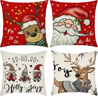 Produktbild von 4er Set Weihnachts-Kissenbezug, 45x45cm Leinen-Deko-Kissenbezug, Santa-Kissenbezug, Sofa, Couch, Schlafzimmer, Wohnzimmer-Deko-Kissenbezug (Style B)