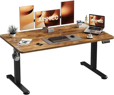 Imagen del producto de Escritorio de altura ajustable, 140 x 60 cm, escritorio de pie, escritorio eléctrico con función de ajuste de altura y memoria, color marrón