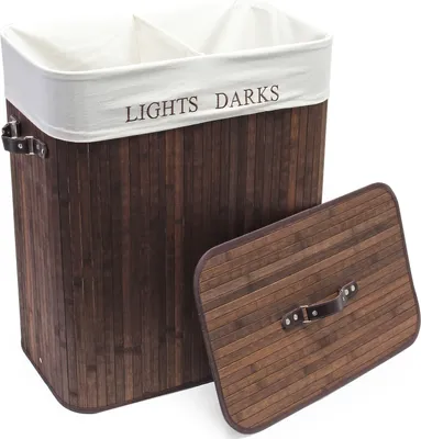 Produktbild von Wiltec Wäschebox 105 L braun Wäschekorb mit Deckel aus Bambus faltbare Wäschebox mit Leinensack mit 2 Fächern zum Sortieren von Schmutzwäsche