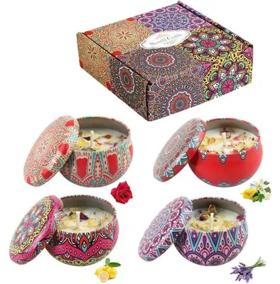 Zdjęcie produktu dla Zestaw czterech świec zapachowych do aromaterapii. Świece wykonane z wosku sojowego, bezdymne, przenośne. Czas palenia: 15-21 godzin. Idealne jako prezent