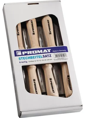 Produktbild von Stechbeitelsatz 6,10,12,16,20,26mm Weißbuchenh.Ulmer Form 6-tlg.Krt.PROMAT