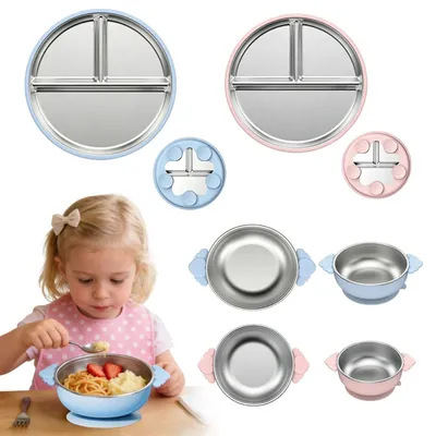 Produktbild von Set aus 4 Babytellern aus Edelstahl mit Saugnapf