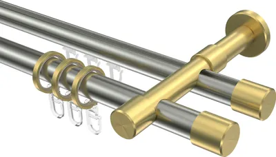 Produktbild von Interdeco Rundrohr-Innenlaufstange / Gardinenstange (Kombination) Edelstahl-Optik / Messing-Optik, Typ Prestige Santo (Kappe), 20 mm Ø 2-läufig, 120 cm