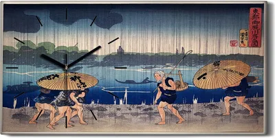 Produktbild von Wanduhr Uhr Wandbild Leinwand 60x30 Malerei Fluss Asiatische Dorfbewohner Regen - schwarze Hände