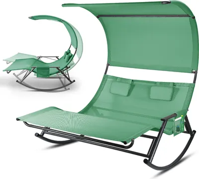 Image de TolleTour Chaise longue double Chaise longue double Lit de jardin Chaise longue relax Capacité de charge Chaise longue avec pare-soleil et oreiller Garden Acier pour camping Vert