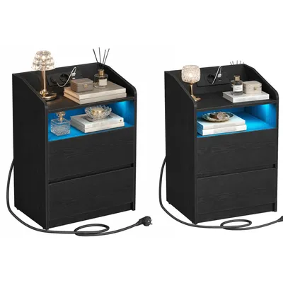 Produktbild von Nachttisch 2er Set, Beistelltisch mit 2 Schubladen, 2 AC-Steckdosen, 2 USB-A-Anschlüsse, LED-Beleuchtung, Offenes Fach, Modern, Schlafzimmer