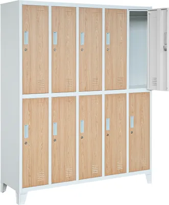 A white metal locker unit with 10 doors, each with a wood-grain finish, is shown against a white background. One door on the top right is open, revealing the interior.