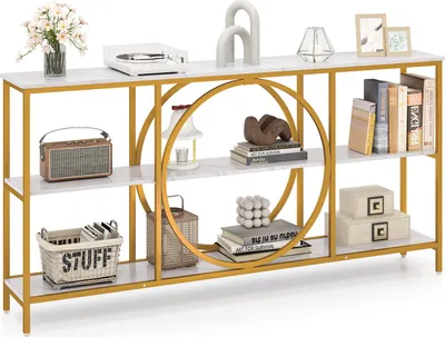 A console table with decorative items on display.