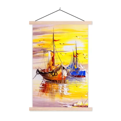 Produktbild von MuchoWow® Textilposter Malerei - Boot - Wasser - Ölfarbe 60x90 cm mit holzfarbenen Rahmen - Textil