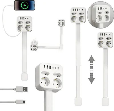 Produktbild von Steckdosenleiste mit USB, 4 Steckdosen + 3 USB-C & 3 USB-A, ausziehbar 44–70cm, 360° schwenkbar, Überspannungsschutz, Wandmontage, Büro & Zuhause