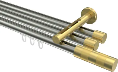 Produktbild von Interdeco Innenlaufstange / Gardinenstange mit Innenlauf Edelstahl-Optik / Messing-Optik, Typ Siteno Mavell (Zylinder Bicolor), 20 mm Ø 3-läufig, 280 cm