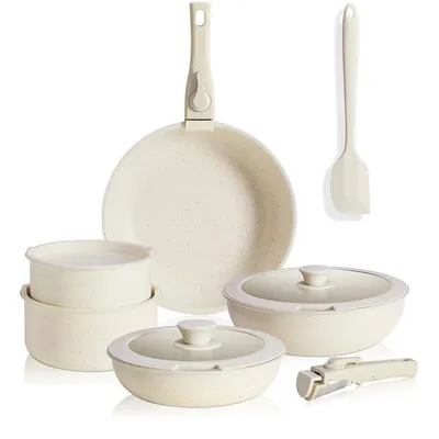 Produktbild von Sweetcrispy 12-teiliges Topf- und Pfannenset – Antihaft-Kochgeschirr-Sets mit abnehmbarem Griff – Küchengeschirr für Ihre Bedürfnisse zu Hause, Beige