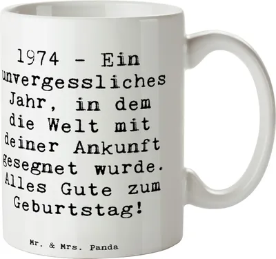 Produktbild von Mr. & Mrs. Panda Becher Spruch 1974 Geburtstag - Weiß - Geschenk, Jahrestag feiern, Geburtstagsgeschenk, Alter, Kaffeebecher, Jubiläum, Keramiktasse, cappuccinotasse