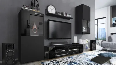 Produktbild von Vladon Wohnwand Movie, Anbauwand bestehend aus 1 TV-Board, 2 Vitrinen und 1 Regal, Schwarz matt/Schwarz matt/Schwarz Hochglanz (Gesamt: 300 x 190 x 39 cm)