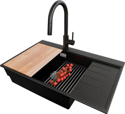 Produktbild von PRIMAGRAN Granitspüle Schwarz 78x50cm, Spülbecken 1 Becken + Küchenarmatur 40x20cm + Ablauf-Set + Küchenzubehörset, Küchenspüle ab 60er Unterschrank - Sydney