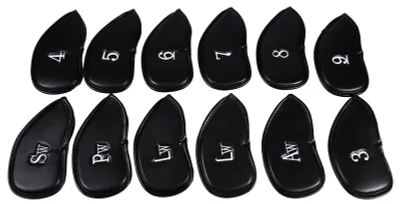 Image de Lot de 12 housses de protection pour têtes de clubs de golf en similicuir noir (fer)