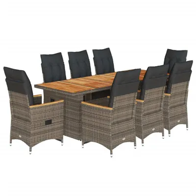 Produktbild von 9-tlg. Garten-Bistro-Set mit Kissen Grau Poly Rattan