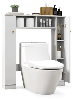 Produktbild von Toilettenschrank, freistehendes Regal mit doppelten Türen, 2 offenen Fächern und 4 verstellbaren Regalen, platzsparender Badezimmerorganisator, 87,5 x 18 x 98 cm (Weiß)