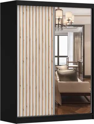Produktbild von Kleiderschrank mit Lamellen und Spiegel Schwebetürenschrank 2-türig Schrank mit Einlegeböden und Kleiderstange Schiebtüren Schlafzimmer Wohnzimmerschrank (BxHxT) 150x200x61 cm - LABI B1 (Schwarz + Weiß, 150)