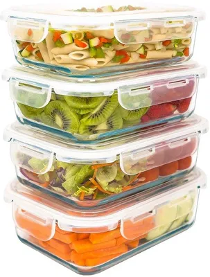Produktbild von Gläserne Behälter 4er Set 1000 ml. Luftsicher. Für Mikrowelle, Backofen, Gefrierfach und Geschirrspüler geeignet. BPA-frei.