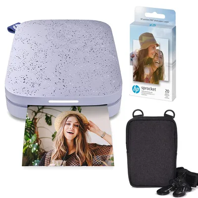 Zdjęcie produktu dla HP Sprocket Portable – przenośna drukarka do natychmiastowych zdjęć, format 2x3 cala (fioletowa). Zestaw papieru do druku