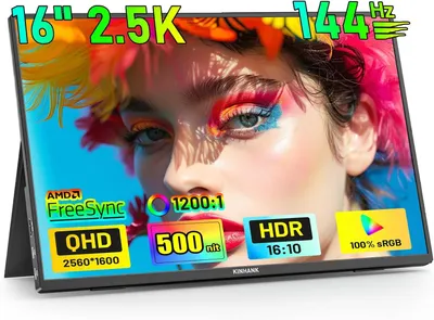 Image de Moniteur portable 16 pouces, résolution 2,5K, HDR, 144Hz, 500 nits, FreeSync, 100% sRGB, technologie IPS pour le confort visuel. Écran portable avec connectique HDMI et Type-C, compatible avec ordinateurs portables, PC, Mac, PS4/5 et Xbox