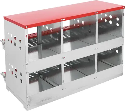 Zdjęcie produktu dla Gniazdo dla kur „Rollnest” – zestaw 6 gniazd na kółkach – odporne na przewrócenie – blacha stalowa ocynkowana – wolnostojące – z pokrywą – 84 x 42 x 62 cm – kolor czerwony