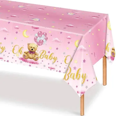 Productafbeelding van Tafelkleed roze, met teddybeerprint, 137 x 274 cm, kunststof, geschikt voor babyfeestjes, meisjesverjaardagen