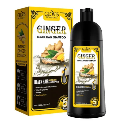 Produktbild von Glovis Black Hair Dye Shampoo Schwarzes Färbeshampoo mit Ingwer – Shampoo gegen graues Haar, 3-in-1 Shampoo & Pflege, für Männer & Frauen Haare