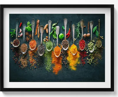 Produktbild von Löffel mit bunten Gewürzen– Wandbild mit Rahmen – Gerahmtes Bild  – Wanddekoration – 80x60 cm –  Schwarz Rahmen