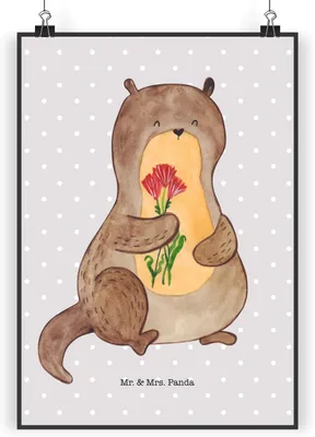 Produktbild von Mr. & Mrs. Panda Bild Otter Blumenstrauß DIN A4 - Grau Pastell - Geschenk, Niedlich, Wandbild, Seeotter, Kunstdruck, Wanddekoration, See, drucke, Süß, Posterdruck