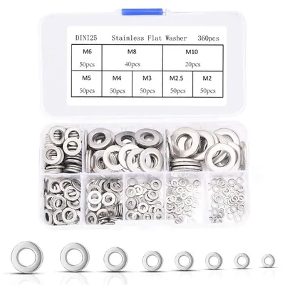 Produktbild von Flache Unterlegscheiben aus Edelstahl, 360-teiliges Set mit 8 Größen, Sortiment an Unterlegscheiben M2, M2,5, M3, M4, M5, M6, M8, M10, Sicherungsringe
