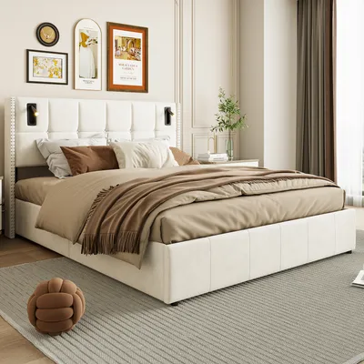 Immagine prodotto di UnboxG Letto imbottito 140x200cm con LED, letto a molle con rete a doghe, letto matrimoniale con contenitore, letto funzionale con contenitore, velluto, beige