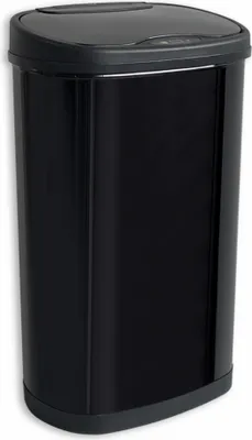 A black sensor trash can with a lid, shown from the front.