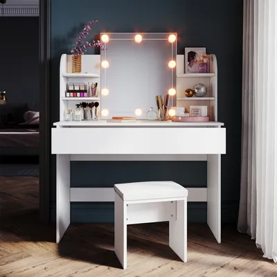 Produktbild von SONNI Schminktisch 108x40x140cm mit Spiegel,Kosmetiktisch mit hocker Schublade LED beleuchtung,Frisiertisch weiß