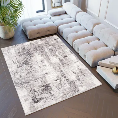 A modern living room with a sectional sofa and a rug.