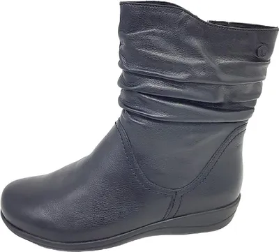 A black leather boot is shown against a white background.
