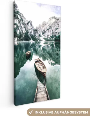 Produktbild von MuchoWow® - Leinwandbilder - Berge - Schnee - Winter - Boote - See - Natur, Wandbild, Wanddeko Bilder Wohnzimmer, 40x80 cm