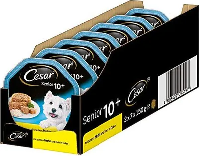 Produktbild von Cesar Senior 10+ Hunde-/Nassfutter mit zartem Huhn und Reis in Gelee, 14 Schalen (14 x 150g)