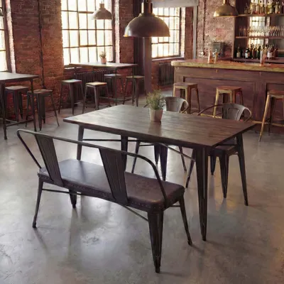 Obrázok produktu pre Jedálenský set HWC-H10, 2xEsszimmerstuhl Sitzbank Esszimmertisch Kunstleder Ulme Holz MVG Industrial Gastronomie ~ brown