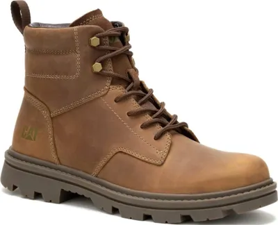 A single brown leather boot is shown against a white background.