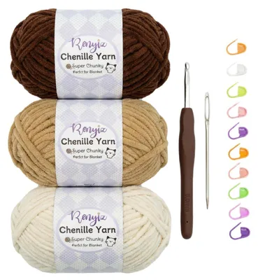 Produktbild von Häkelgarn Chenille 300g 3-Farben Set mit 6mm Häkelnadel, Flauschige Babywolle zum Stricken