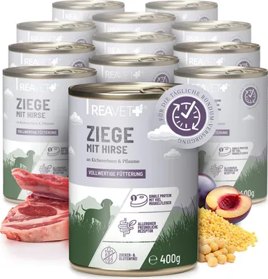 Produktbild von REAVET Premium Hunde Nassfutter - Ziege an Hirse & Kichererbsen 12 x 400g I mit hohem Fleischanteil & viel Muskelfleisch, Glutenfrei Hundefutter nass, ohne Zucker