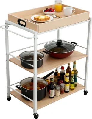 Produktbild von Relaxdays Servierwagen mit abnehmbarem Tablett, 3 Etagen, HxBxT: 88 x 70 x 40 cm, Küchenwagen skandinavisch, natur/weiß