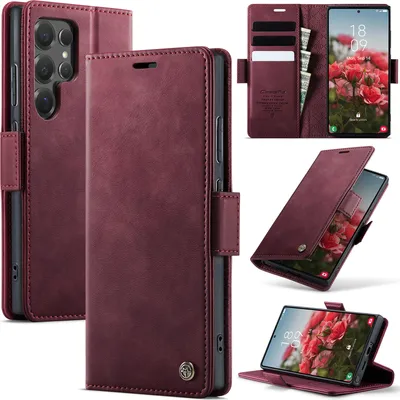 Obrázek produktu pro Kožené pouzdro pro Samsung Galaxy S24 Ultra, RFID ochranou, magnetickým zavíráním, přihrádkami na karty a funkcí stojánku Červený
