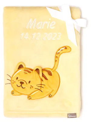 Produktbild von Be Mammy Babydecke mit 3D Applikation bestickt mit Name und Geburtsdatum 76 x 102 cm BE20-280 (Gelb – Katze, 76 x 102 cm)